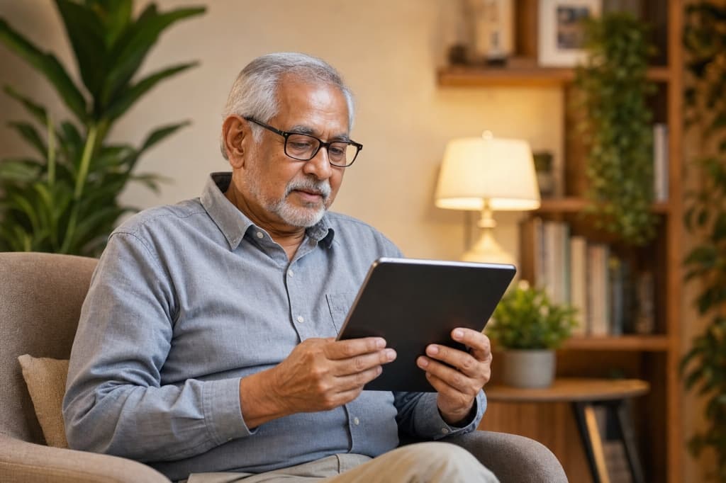 Senior using a tablet in a comfortable home environment